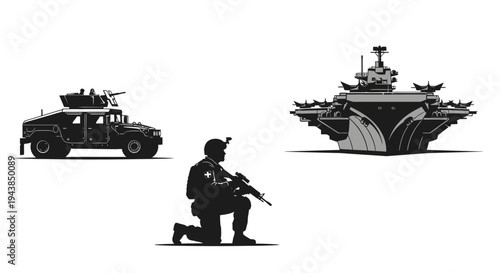 Military Soldier, Humvee, and Aircraft Carrier: Power and Defense