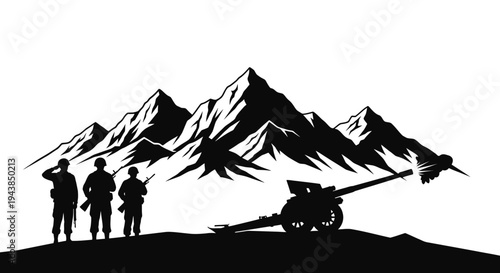 Military Soldiers Saluting Artillery Gun Silhouette Against Mountain Landscape