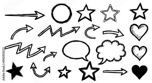 Arrows hand drawn set with black curved lines, stars, and heart shapes. featuring hearts, doodle, vector with