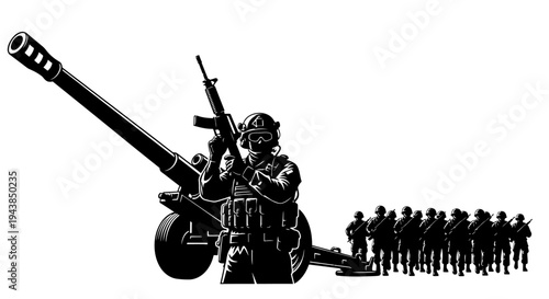Military soldiers with artillery gun and rifle, army forces, war concept, black and white illustration