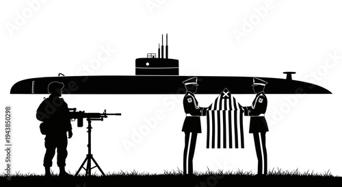 Military Submarine Silhouette with Soldier and Flag Ceremony