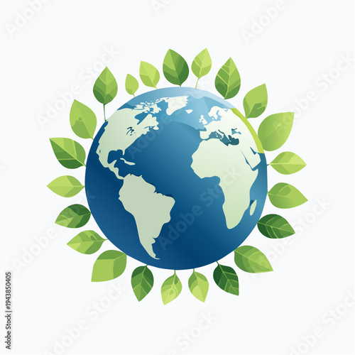 Vector illustration of the Earth surrounded by green leaves on a white background, symbolizing Earth Day and environmental conservation.