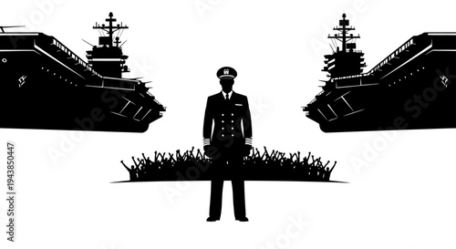 Naval Commander Stands Proud Between Aircraft Carriers and Crew Silhouettes
