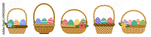 Basket with colorful decorated Easter eggs set. Easter celebration Egg hunt party design elements. Vector illustration