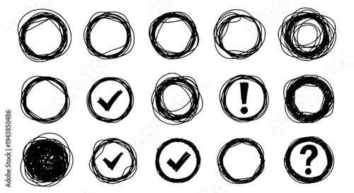 Circles hand drawn set with black scratched lines, checkmark, exclamation, and question marks featuring icons, graphic