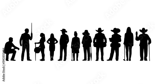 People silhouettes standing in a row with various poses and hats on white background. featuring silhouette, human