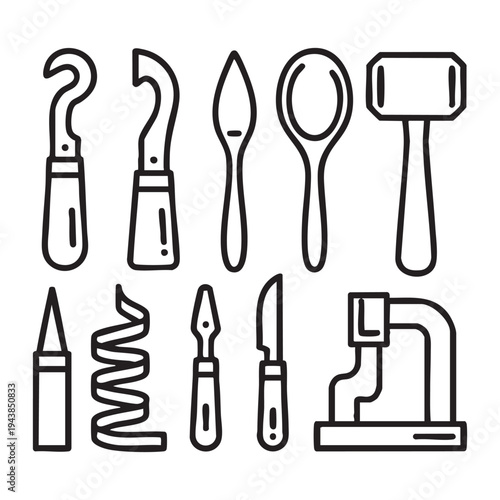 Set of black and white line tools including brushes and a mallet chisel