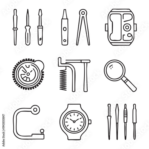 Set of black and white line of tools and gadgets including screwdrivers pliers magnifying glass and watch