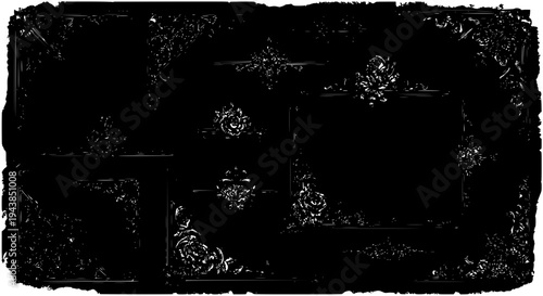 Frame set with black grunge texture and floral designs, empty rectangular borders. featuring frames, border, flower