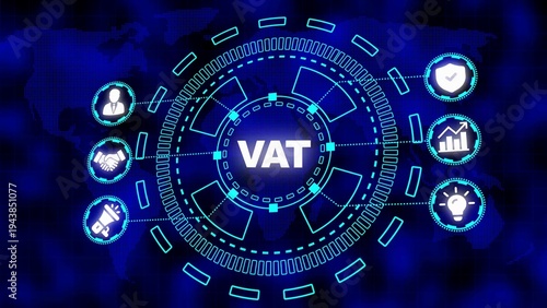Futuristic Digital HUD with the word VAT at the center and business icons interface