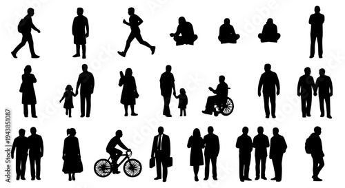 People black silhouette set with various poses and actions on white background featuring human, figure, icon with