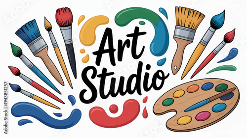 Vibrant art studio logo with paintbrushes and palette on white background