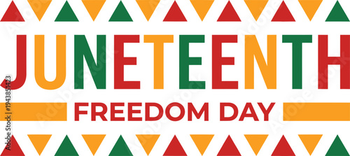 Juneteenth Freedom Day Celebration Banner with Red Green and Gold Colors and Triangle Pattern on White Background