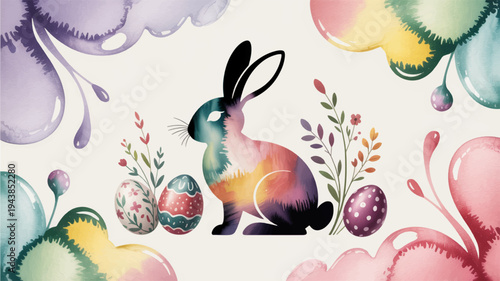 Colorful easter bunny with eggs and flowers on white background festive holiday illustration
