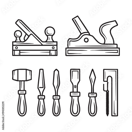 Set of woodworking tools including planes and chisels in black and white line style hand tools
