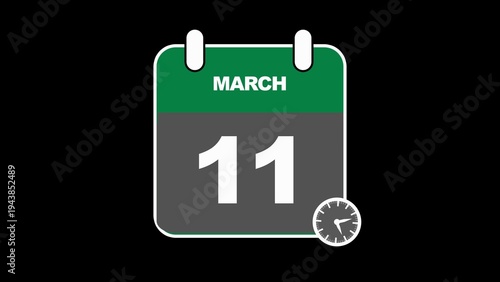 March 11th Calendar Icon with Green Header and Gray Date Section and Clock eleventh
