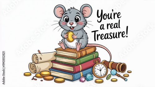 Cute cartoon mouse sitting on stack of colorful books with coins and treasures smiling and holding a gold coin surrounded by educational and vintage items