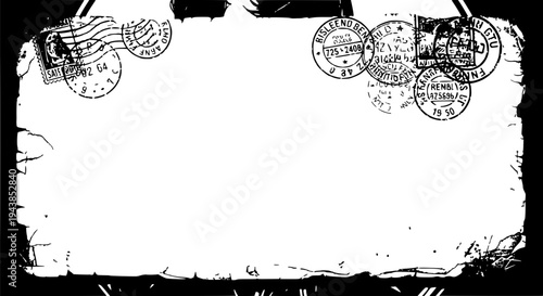 Postage stamps with black ink and grungy texture on envelope featuring grunge, vintage, postal with mail and letter