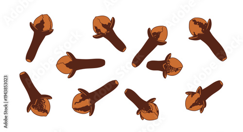Watercolor illustration of several whole cloves scattered on a white background