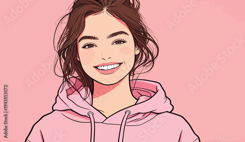 A young woman stands and smiles while wearing a pink hoodie. The background color is also bright pink, creating a cheerful scene.