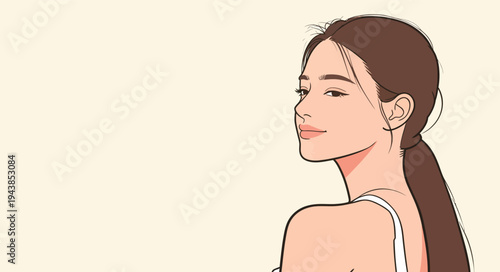 A woman with long hair smiles while looking over her shoulder in a plain background during the day.