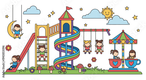 Colorful illustration of a playground with children enjoying various rides
