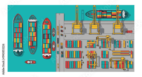 Aerial view of a busy shipping port with containers and cargo ships