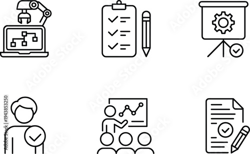 Project management and technical business icons set, automated workflow, checklist clipboard, presentation seminar and agreement symbols