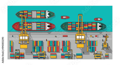 Aerial view of a busy shipping port with cargo containers and cranes