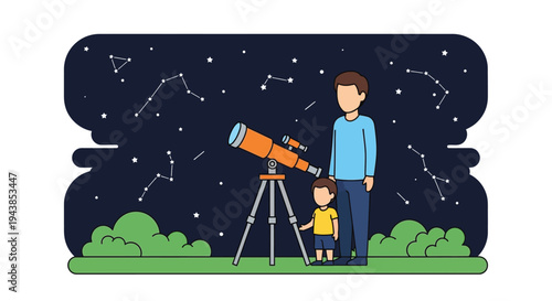 Father and son gazing at stars with a telescope at night