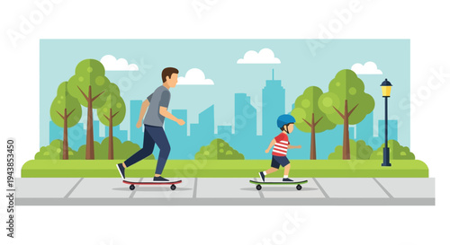Father and son enjoy skateboarding together in a vibrant city park