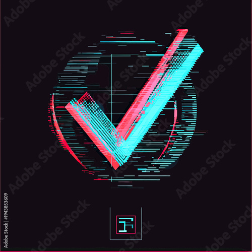 Glitch Distorted Check Mark Icon 3D Anaglyph Effect Digital Error Symbol with Pixelated Retro TV Static Background Vector Illustration