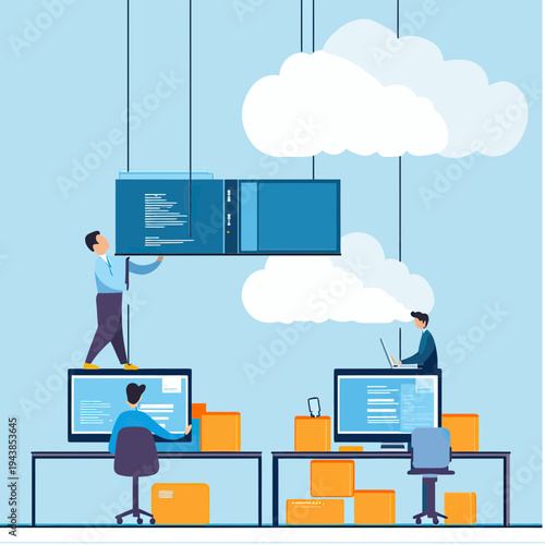 Business team managing cloud server and data storage with developers working on computers and digital file backup technology concept vector illustration