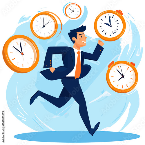 Businessman running with multiple clocks around him symbolizing time management, deadline pressure, and productivity in flat vector style