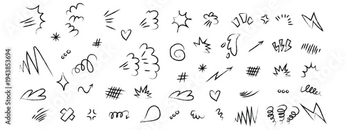 Comic doodle elements icon set. Hand drawn action sparks and expressive symbols. Vector Illustration.