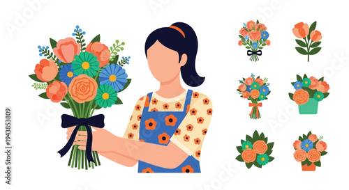 Woman holding a bouquet with various floral arrangements displayed nearby