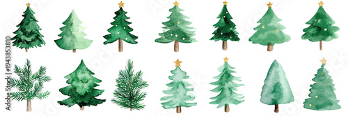 Watercolor Christmas fir trees collection with star decorations flat minimalist style green pine tree vector illustrations for holiday design