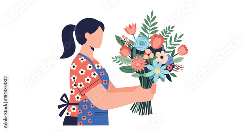 A woman in an apron holds a vibrant and colorful bouquet of flowers