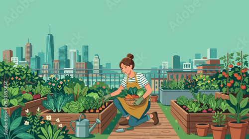 Urban Rooftop Vegetable Garden Illustration with Raised Beds