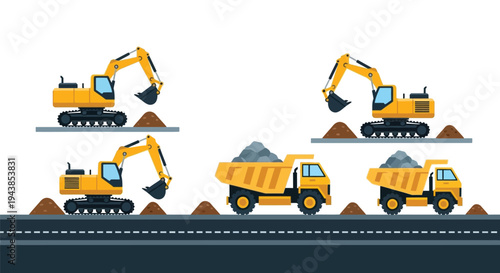 Construction vehicles including excavators and dump trucks working on a site