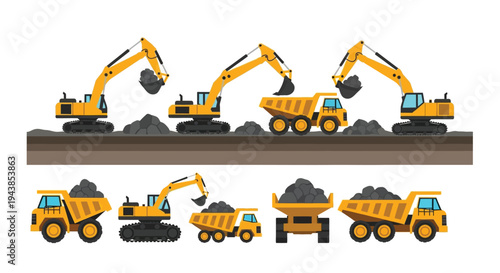 Construction vehicles including excavators and dump trucks are actively working