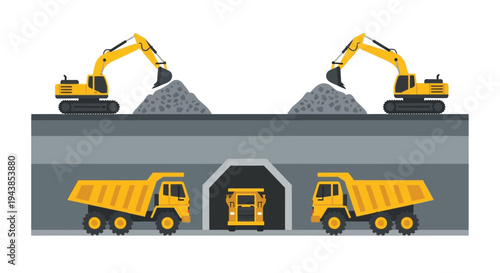 Construction site illustration featuring excavators dump trucks and a tunnel