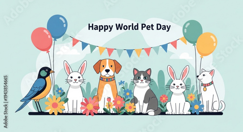 Happy world pet day celebration with animals and balloons