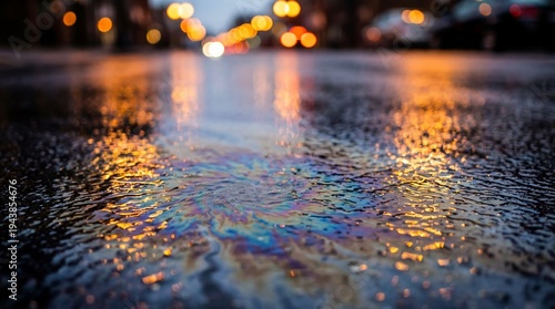 Static scene with wave and oil texture effect concept. Colorful reflections on wet pavement after a rainstorm.