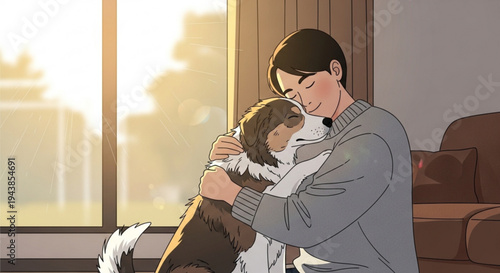 Man hugging a child and white dog sitting by a sunny window in a cozy living room
