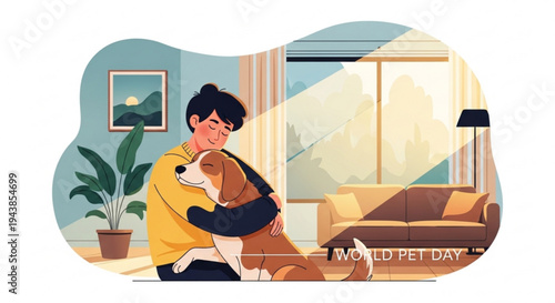 Man hugging dog in living room with sofa and plant world pet day concept