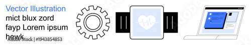 Health monitoring, digital technology, innovation, software development, user interface, automation. A smartwatch with heart icon, gear symbol and laptop. Health monitoring and digital technology