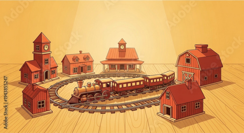 Miniature red train set with buildings on wooden track layout