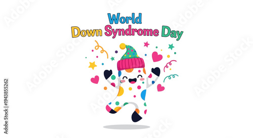 Colorful illustration of a person with Down Syndrome awareness symbols and World Down Syndrome Day text on a white background with a supportive and inclusive mood.