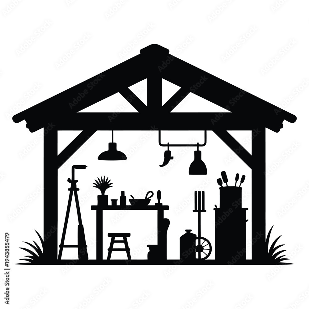 Naklejka premium Rustic workshop studio Vector, Silhouette, Illustration